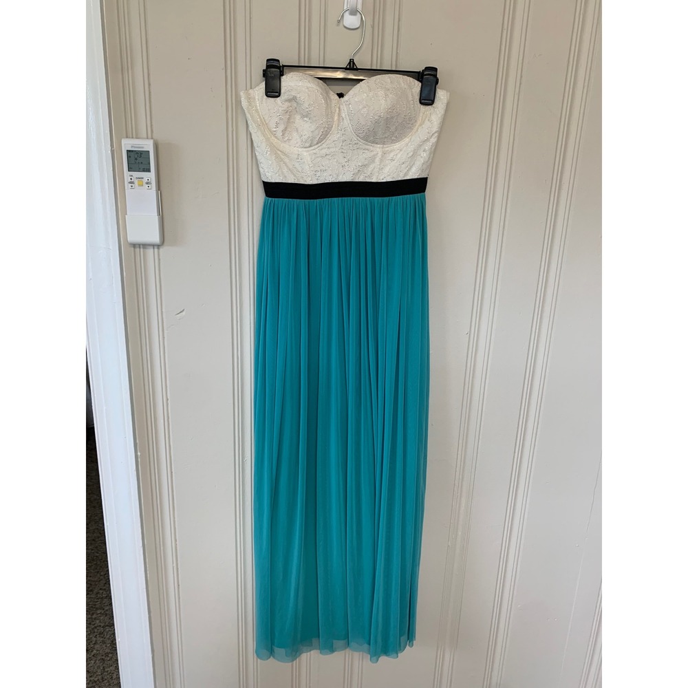 Body Central Women's Strapless‎ Maxi Dress Teal Lace Top Party Formal